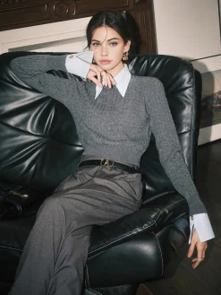 COMMENSE Contrast Trim Soft Lapel Sweater* Sweater Tops|Sweaters & Cardigans