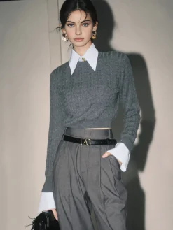 COMMENSE Contrast Trim Soft Lapel Sweater* Sweater Tops|Sweaters & Cardigans