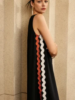 COMMENSE Contrast Trim Split Sleeveless Dress* Black Dresses|Casual Dresses