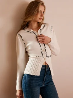 COMMENSE Contrast Trim Split Slim Cardigan* Cardigans|Sweaters & Cardigans