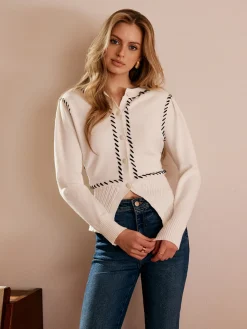 COMMENSE Contrast Trim Split Slim Cardigan* Cardigans|Sweaters & Cardigans