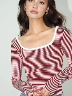 COMMENSE Contrast Trim Striped Jersey T-Shirt* T-shirts|Tops