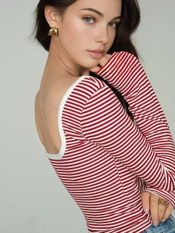 COMMENSE Contrast Trim Striped Jersey T-Shirt* T-shirts|Tops