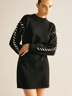 COMMENSE Contrast Trim Sweater Short Dress* Black Dresses|Sweater Dresses