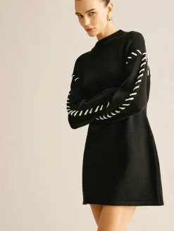 COMMENSE Contrast Trim Sweater Short Dress* Black Dresses|Sweater Dresses