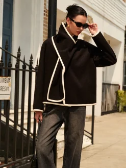 COMMENSE Contrast Trim Wool Coat With Scarf* Outerwear|Coats