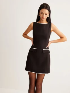 COMMENSE Contrast Trim Zipper Tank Short Dress* Black Dresses|Casual Dresses