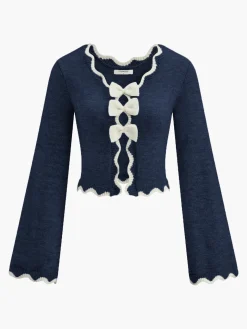COMMENSE Contrast Wave Trim Bow Sweater* Sweater Tops|Sweaters & Cardigans