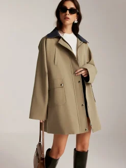 COMMENSE Contrast-Collar Zipper Loose Trench Coat* Outerwear|Coats