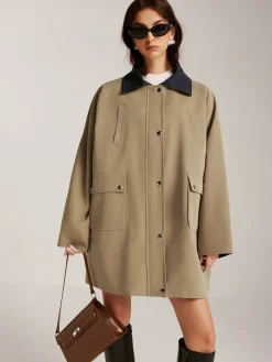 COMMENSE Contrast-Collar Zipper Loose Trench Coat* Outerwear|Coats