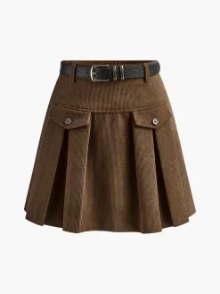 COMMENSE Corduroy Pleated Skirt With Belt* Skirts|Bottoms