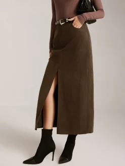 COMMENSE Corduroy Split Belted Midi Skirt* Skirts|Bottoms