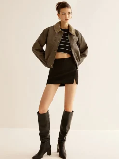 COMMENSE Corduroy-Collar PU Leather Jacket* Outerwear|Jackets