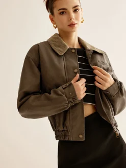 COMMENSE Corduroy-Collar PU Leather Jacket* Outerwear|Jackets