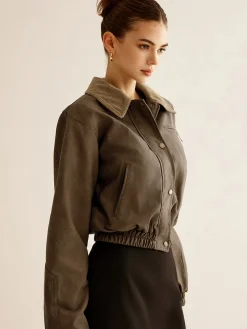 COMMENSE Corduroy-Collar PU Leather Jacket* Outerwear|Jackets