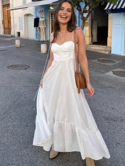 COMMENSE Corset Detail Spaghetti Strap Knotted Long Dress* White Dresses|Casual Dresses