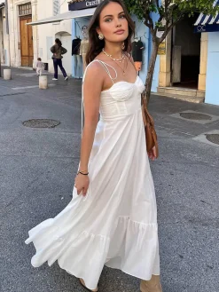 COMMENSE Corset Detail Spaghetti Strap Knotted Long Dress* White Dresses|Casual Dresses