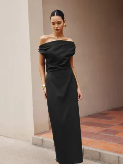 COMMENSE Cotton & Linen Asymmetrical Neck Dress* Black Dresses|Casual Dresses