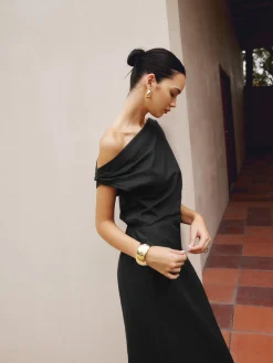 COMMENSE Cotton & Linen Asymmetrical Neck Dress* Black Dresses|Casual Dresses