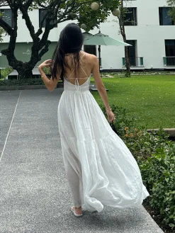 COMMENSE Cotton & Linen Backless Knotted Cami Long Dress* White Dresses|Casual Dresses