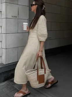 COMMENSE Cotton & Linen Button-Front Knotted Long Dress* White Dresses|Casual Dresses
