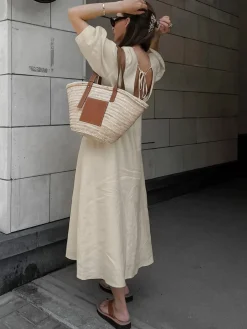 COMMENSE Cotton & Linen Button-Front Knotted Long Dress* White Dresses|Casual Dresses