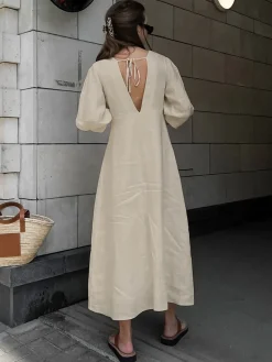 COMMENSE Cotton & Linen Button-Front Knotted Long Dress* White Dresses|Casual Dresses