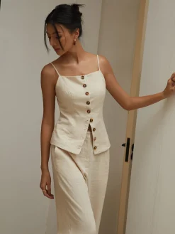 COMMENSE Cotton & Linen Cami Top with Straight Leg Pants Set* Pants Sets|Matching Sets