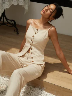 COMMENSE Cotton & Linen Cami Top with Straight Leg Pants Set* Pants Sets|Matching Sets