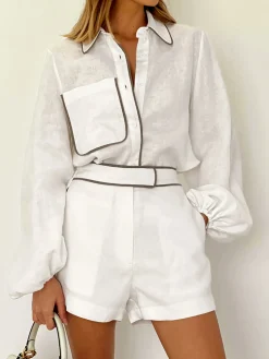 COMMENSE Cotton & Linen Contrast Trim Two Piece Shorts Set* Shorts Sets|Long Sleeve Sets