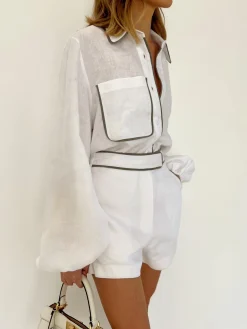 COMMENSE Cotton & Linen Contrast Trim Two Piece Shorts Set* Shorts Sets|Long Sleeve Sets