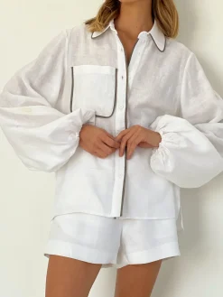 COMMENSE Cotton & Linen Contrast Trim Two Piece Shorts Set* Shorts Sets|Long Sleeve Sets