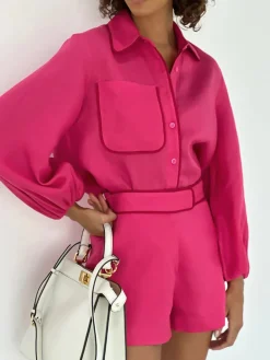 COMMENSE Cotton & Linen Contrast Trim Two Piece Shorts Set* Shorts Sets|Long Sleeve Sets