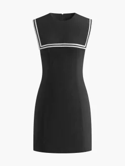 COMMENSE Cotton & Linen Contrast Trim Short Dress* Black Dresses|Casual Dresses
