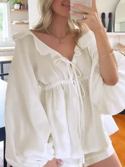 COMMENSE Cotton & Linen Cowgirl Melody Two Piece Shorts Set* Shorts Sets|Long Sleeve Sets