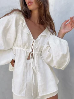 COMMENSE Cotton & Linen Cowgirl Melody Two Piece Shorts Set* Shorts Sets|Long Sleeve Sets