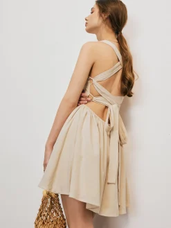 COMMENSE Cotton & Linen Crisscross Knotted Short Dress* Casual Dresses|Vacation Dresses