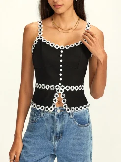 COMMENSE Cotton & Linen Daisy Trim Split Cami Top* Tank Tops & Camis|Tops