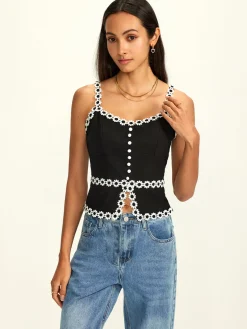 COMMENSE Cotton & Linen Daisy Trim Split Cami Top* Tank Tops & Camis|Tops
