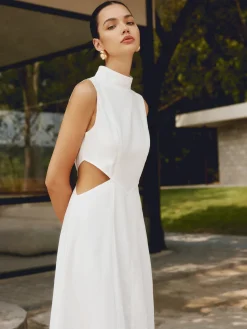 COMMENSE Cotton & Linen Elegant Cutout Long Dress* White Dresses|Casual Dresses