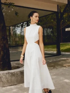 COMMENSE Cotton & Linen Elegant Cutout Long Dress* White Dresses|Casual Dresses