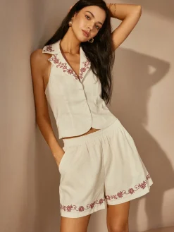 COMMENSE Cotton & Linen Embroidery Shorts Set* Shorts Sets|Shorts