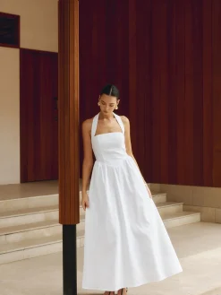 COMMENSE Cotton & Linen Halter A Line Long Dress* White Dresses|Black Dresses