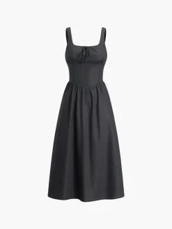 COMMENSE Cotton & Linen Knotted Cami Midi Dress* Black Dresses|Casual Dresses