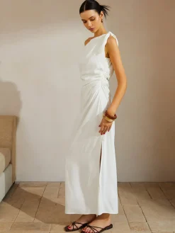COMMENSE Cotton & Linen Knotted Strap Long Dress* White Dresses|Casual Dresses