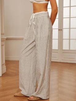 COMMENSE Cotton & Linen Pinstripe Drawstring Pants* Pants|Bottoms