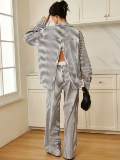COMMENSE Cotton & Linen Pinstripe Loose Shirt* Long Sleeve Sets|Blouses & Shirts