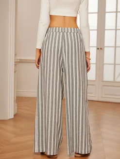 COMMENSE Cotton & Linen Pinstripe Drawstring Pants* Long Sleeve Sets|Pants