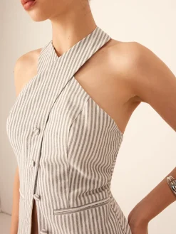COMMENSE Cotton & Linen Pinstripe Slim Halter Top* Tank Tops & Camis|Tops