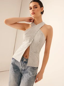 COMMENSE Cotton & Linen Pinstripe Slim Halter Top* Tank Tops & Camis|Tops